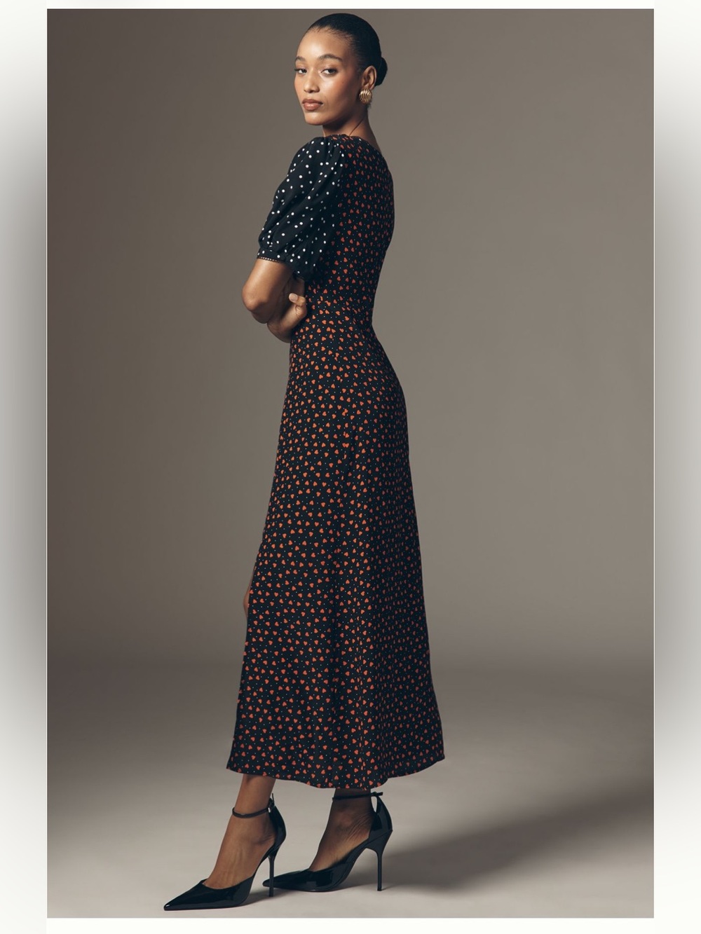 NWT Maeve Black Dress with Red Heart Print and Polka Dot Puff Sleeves - Picture 4 of 8